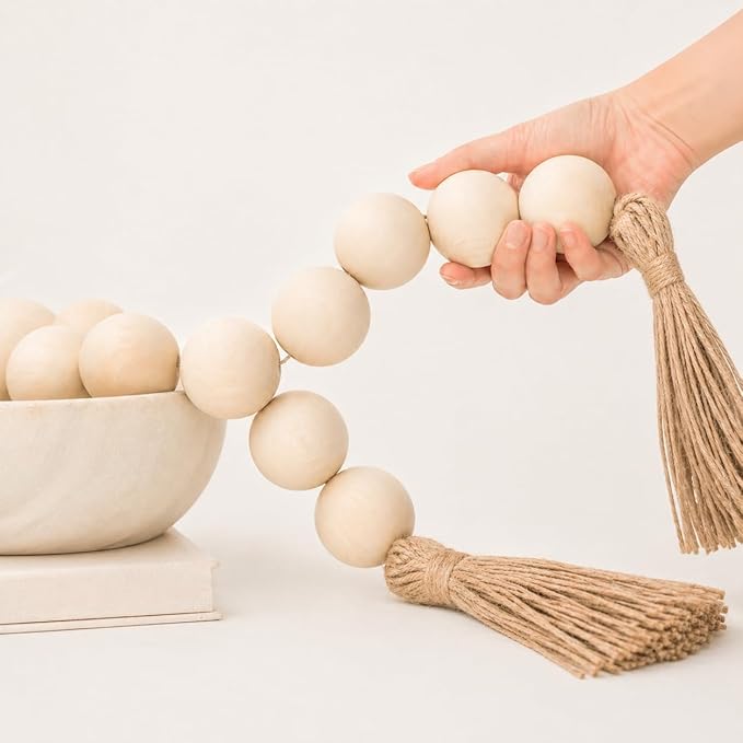 OMISHE 60" Long Extra Large Wood Bead Garland with 1.6" Diameter Wooden Beads and Tassels, Rustic Farmhouse Country Decorative Beads for Home Decor Tiered Tray Decor, Natural Beige