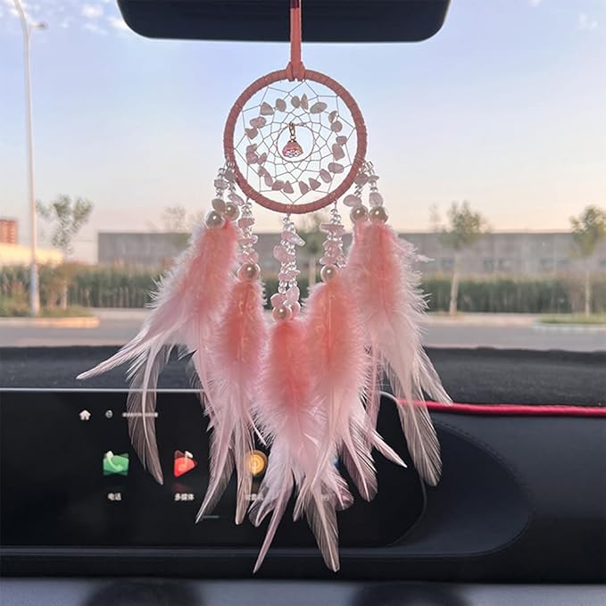 Small Pink Dream Catcher for Car Rearview Mirror Handmade Beaded Feather Dreamcatcher Car Hanging Ornament Home Room Wall Decoration
