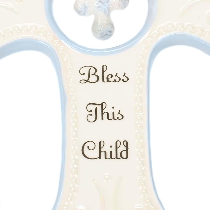 DEMDACO Bless This Child Wall Cross - Blessing Cross for Baby - Faith Nursery Decor - Gift for Newborn - Religious Christian Wall Hanging - Porcelain - Gift Box Packaging - Blue