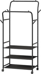 Clothes Racks for Hanging Clothes, Rolling Garment Rack, Clothing Rack with Wheels and Hooks, Double Rod Clothes Rack with Shelves, for Bedroom, Living Room, Laundry Room Black TYM07BB