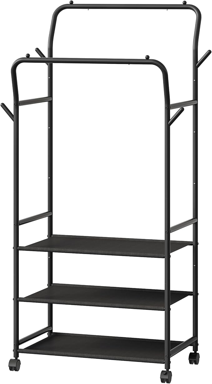 Clothes Racks for Hanging Clothes, Rolling Garment Rack, Clothing Rack with Wheels and Hooks, Double Rod Clothes Rack with Shelves, for Bedroom, Living Room, Laundry Room Black TYM07BB