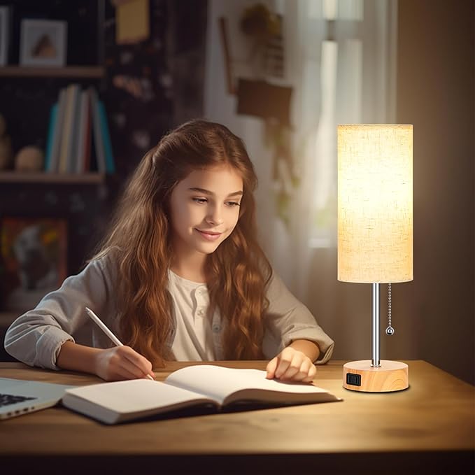 Dott Arts Table Lamp for Bedroom, 3-Color Bedside Lamps with Pull Chain, Bedroom Table Lamps for Nightstand,AC Outlet Small Lamp for Living Room, Bulb Included Oatmeal