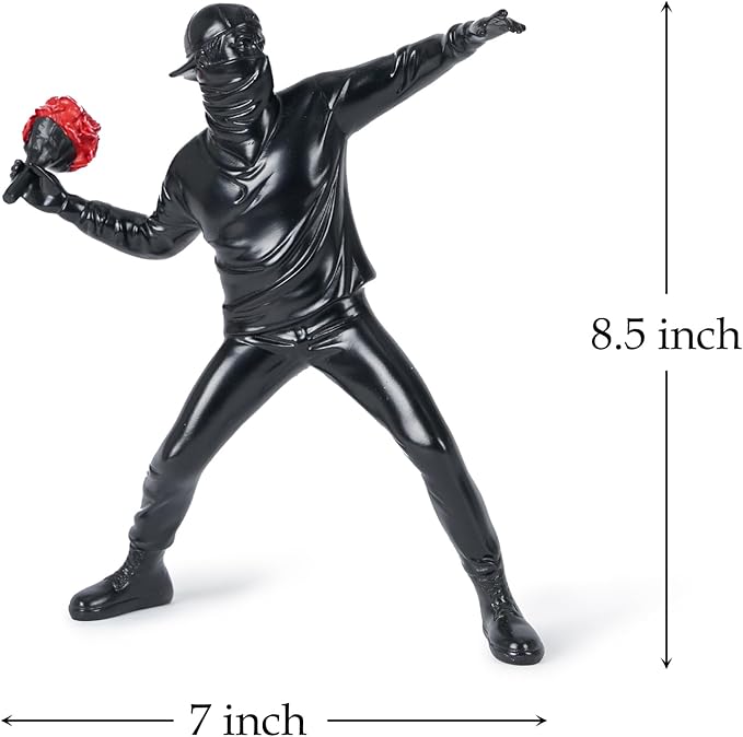Banksy Flower Thrower Sculpture, 8.5 inch Black Banksy Street Graffiti Art Statue Replica, Inspirational Sculpture Gifts Peace Hope