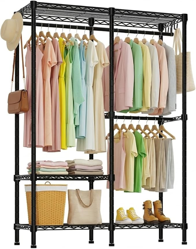 H18 Garment Rack for Hanging Clothes, 3 Tiers Portable Closet with 2 Hanger Rods, Freestanding Clothes Rack, 44.9" W x 14.6" D x 76.4" H, Max Load 600lbs, Black