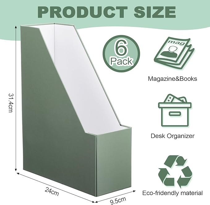 Feifeiya Magazine File Holder Set of 6 Stylish Sturdy Cardboard File Boxes Desk Organizer Beautiful Magazine Holder Rack with Gold Label Holder for Home Office Desktop Bookshelf Classroom(Sage Green)