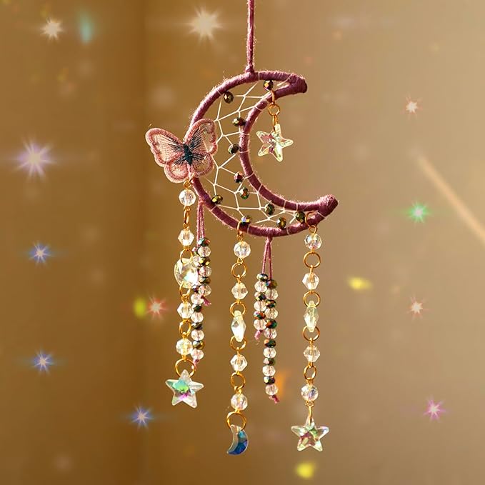 Artilady Dream Catcher for Girls - Purple Butterfly Small Moon Dream Catchers with Crystals Cute Room Decor for Teen Girls Boys Boho Bedroom Wall Home Decorations Birthday
