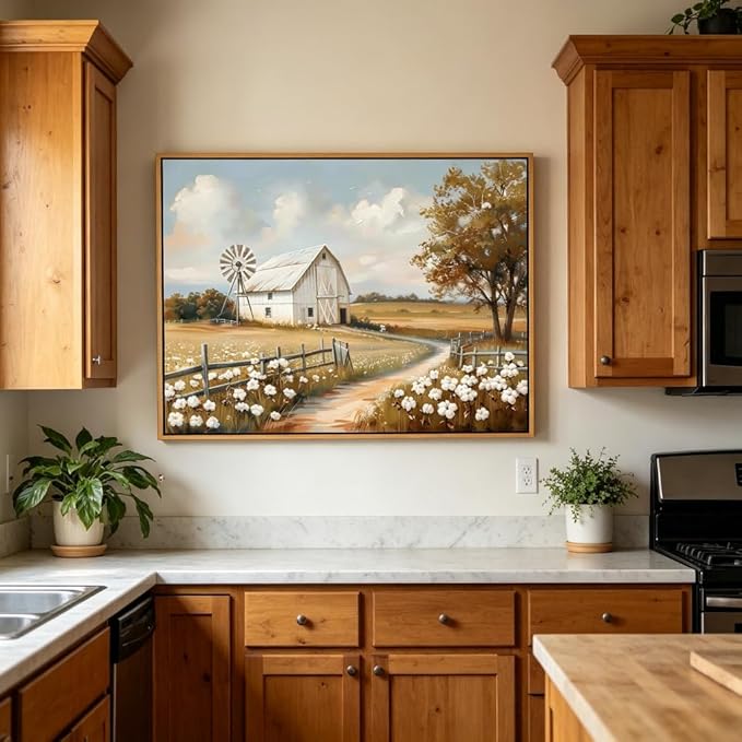 Framed Barn Canvas Wall Art Farmhouse Rustic Decor Pictures Farm Windmill Countryside Nature Field Meadow Flower Posters Prints for Home Decoration Bathroom Bedroom Living Room Decoration