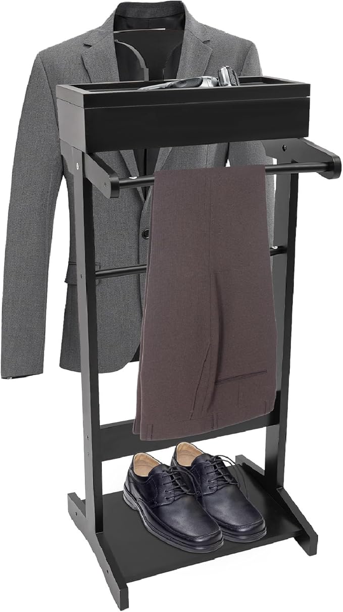 Clothes Valet Stand Holder for Men Suit Coat Rack Hanger Stand, Suit Valet Stand for Men and Women, Wood Clothes Stand with Top Tray and Storage Organizer, Clothes Trouser Bar Rack (Black)