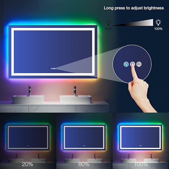 LOAAO 40"X36" LED Bathroom Mirror with Lights, Anti-Fog, Dimmable, RGB Backlit + Front Lighted, Bathroom Vanity Mirror for Wall, Memory Function, Waterproof, Tempered Glass