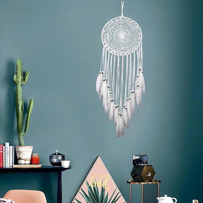 Large White Dream Catcher, Handmade Crochet Macrame Feather Dreamcatcher | Bohemian Wall Hanging Home Decor for Bedroom, Nursery, Living Room & Wedding.