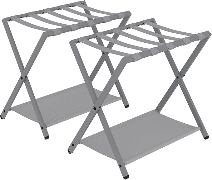Luggage Rack, Folding Suitcase Stand for Guest, Foldable, Luggage Holders with Shelf, Steel Frame with Nylon Straps for Bedroom, Hotel, Holds up to 154 lb, Grey, 2 Pack LR03999G