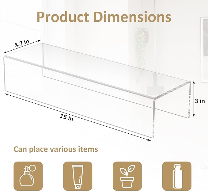 Acrylic Shelf Riser 15x4.7x3 pack of 2, Desktop Rectangular Acrylic Tray Pedestal Stand for Home Décor, Figures, Manga or Other Collectibles, 15x4.7x3 Inch