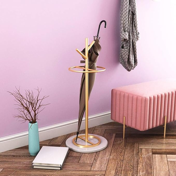 WXYZ Golden Umbrella Stand with Branch Shape, Creative Wrought Iron Umbrella Barrel with Solid Marble Base, Decorative Ornaments 32x55cm (Color : Gold+White)