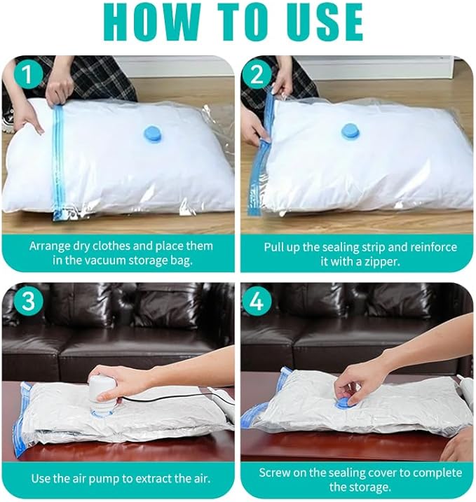 Vacuum Storage Bags, 10 Pack with Electric & Manual Pump, Space Saver Compression Bags for Clothes, Blue and White, Nylon, 4 Medium 4 Large 2 Jumbo, (Hand Pump)