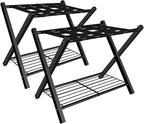 Folding Luggage Rack for Guest Room, Metal Foldable Suitcase Stand Holder with Metal Shelf for Bedroom, Black, 2pack