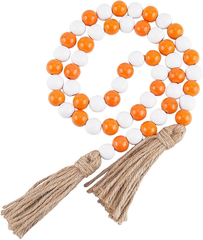 CREATCABIN 42 Inch Wood Bead Garland Decor Rustic Country Farmhouse Boho Home Orange White Wooden Beads Tassel Wall Hanging Ornaments for Coffee Table Wall Shelf Tray Vase Living Room Bedroom
