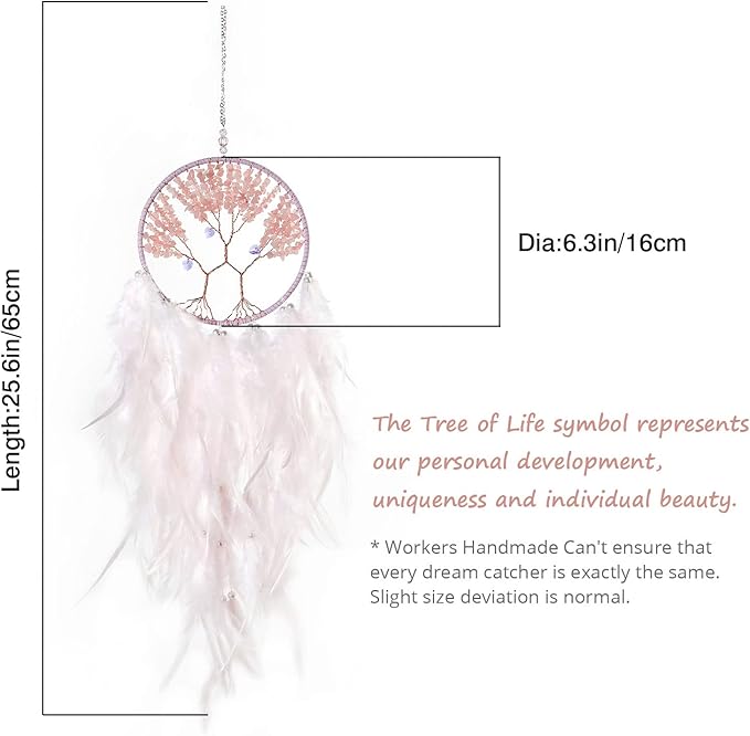 Pretty Jolly Double Tree of Life Dream Catcher Wall Decor with Healing Crystal Stone Handmade White Light Pink Feather Dream Catchers Decoration Wall Hanging Bedroom Wedding Party Blessing Gift-25.6"