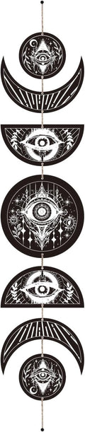 CREATCABIN 7Pcs Devil's Eye Moon Cycle Home Decor Bohemian Moon Phase Wall Hanging Ornament Wooden Moon Wall Vertical Decorative Hang for Bedroom Family Farmhouse Gallery Apartment Bar 37.1x6.3in
