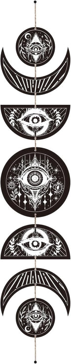 CREATCABIN 7Pcs Devil's Eye Moon Cycle Home Decor Bohemian Moon Phase Wall Hanging Ornament Wooden Moon Wall Vertical Decorative Hang for Bedroom Family Farmhouse Gallery Apartment Bar 37.1x6.3in