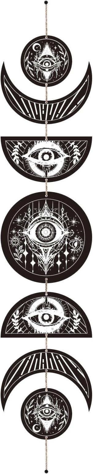 CREATCABIN 7Pcs Devil's Eye Moon Cycle Home Decor Bohemian Moon Phase Wall Hanging Ornament Wooden Moon Wall Vertical Decorative Hang for Bedroom Family Farmhouse Gallery Apartment Bar 37.1x6.3in
