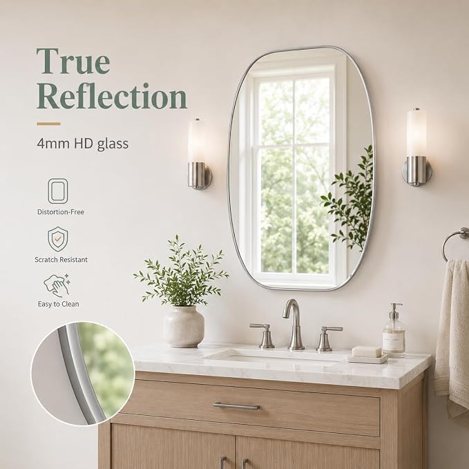 USHOWER Silver Oval Arch Bathroom Mirrors for Over Sink, 24x36 Inch Bathroom Vanity Mirror for Bathroom, Bedroom, Vanity, Entryway, Aluminium Frame, Anti-Rust, Modern Wall Decor