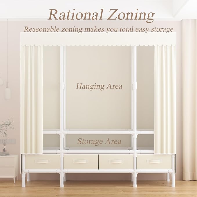 Portable Closet,Garment Rack,Heavy Duty Clothes Rack with Cover,Wardrobe Closet with 3 Hanging Rods, 9 Storage Shelves,55.1" L x 17.7" W x 67.7" H,Pale Yellow