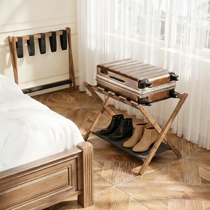 Bamboo Luggage Rack for Guest Room, 26.77" Folding Wide Suitcase Stand with Fabric Storage Shelf, Thickened Luggage Stand Holder for Bedroom Hotel, Luggage Rack for Suitcases (1 Pack - Tea brown)