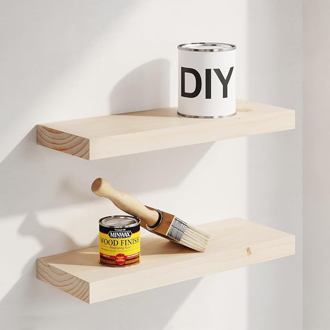 Homeforia Wood Floating Shelf 16 inch, High End Solid Natural Wood 16inch Floating Shelves for Wall Mounted, Unfinished Wooden Small Floating Shelves, Heavy Duty Bracket, 16 X 6.5 X 1.75 in, Set of 4