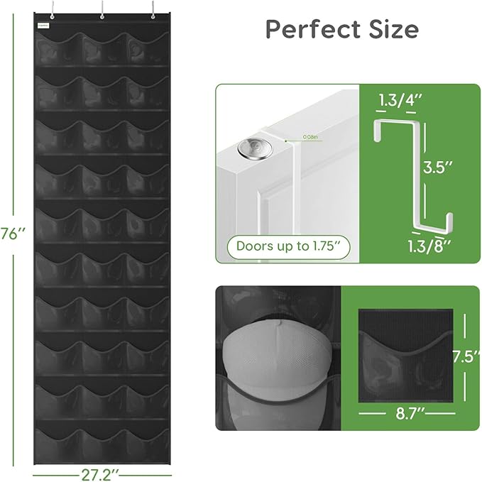 Unjumbly Baseball Hat Rack, 30 Pocket Over-The-Door Hat Organizer with Clear Deep Pockets to Display Baseball Caps Collection, Complete with 3 Over Door Hooks (Black, 30 Pockets)