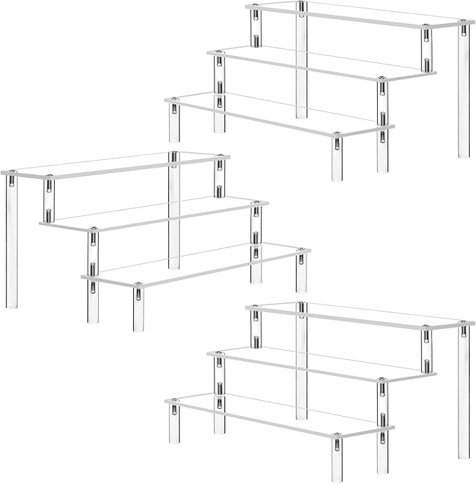 Acrylic Riser Clear Display Stand Cologne Organizer Acrylic Shelves 3 Tier Shelf for Amiibo Funko Figures Toys Cupcake Food Desserts Perfume Collection (3 PACKS)
