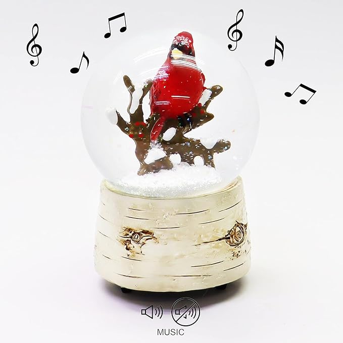 Musical Christmas Snow Globe with Cardinal Water Spinning Wind-Up Music Box Hand-Painted Birch Tree Design Holiday Tabletop Decoration by Moments in Time (5.7”H)
