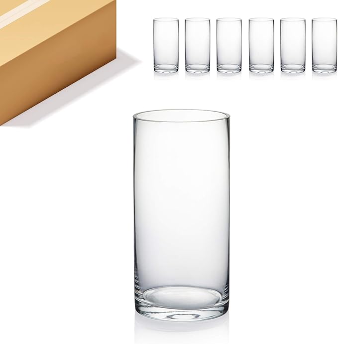 WGVI Quality Thick Weighted Clear Cylinder Glass Vases, 4" W x 8" H, Flower Arrangement Floating Candle Holders Wedding Centerpieces Terrarium Planter Floral Storage Container, Bulk Wholesale, 6 Pcs