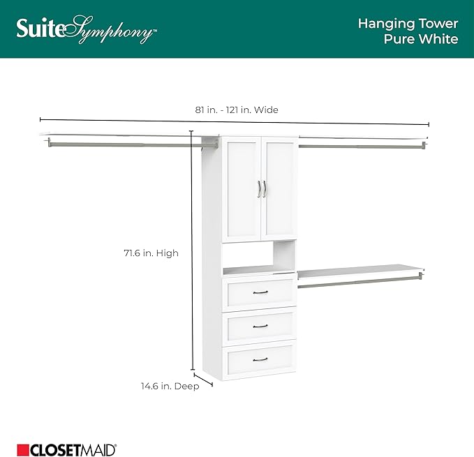 ClosetMaid SuiteSymphony Hanging Closet Kit Includes (1) Tower, (3) Closet Rods, (4) Shelves, (3) Top Shelves w/Brackets, (3) Drawer, and (1) Closet Door Set, White