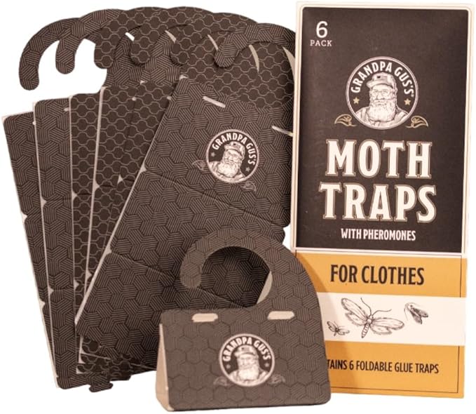Grandpa Gus's Moth Traps for Clothes, Clothing Moth Killer for Closet and Wardrobe, Pheromone Glue Trap, No Mothballs, Safe for Kids and Pets, 6 Pack