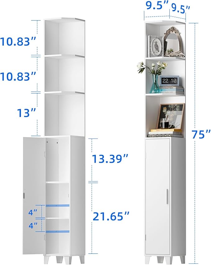 MOHOPE Corner Shelf with Cabinet, 74.8" Tall Corner Cabinet with Door, 5-Tier Narrow Bookshelf with Adjustable Shelves, Display Cabinets for Living Room, Bathroom, Dining Room, Small Space, White