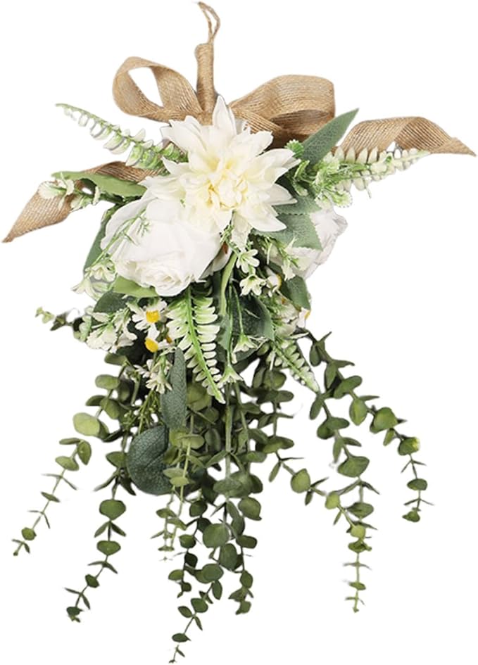 Qianly Artificial Floral Swag Garland Outdoor Indoor, Decorative, Flower Teardrop Wreath, Hanging for Office Holidays Festivals Wall, White
