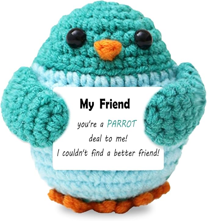 Funny Positive Crochet Parrot Birthday Gifts with Positive Card for Friends, Emotional Inspirational Support Cheer Up Christmas Stuff Gifts for Home Office Desktop Decor