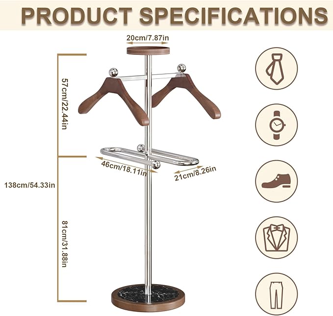 Metal Valet Stand with Tray, Clothes Valet Stand for Men with 2 Suit Hangers, Multifunctional Suit Valet Stand with Sturdy Base, for Entryway, Bedroom, Office H:54.33IN