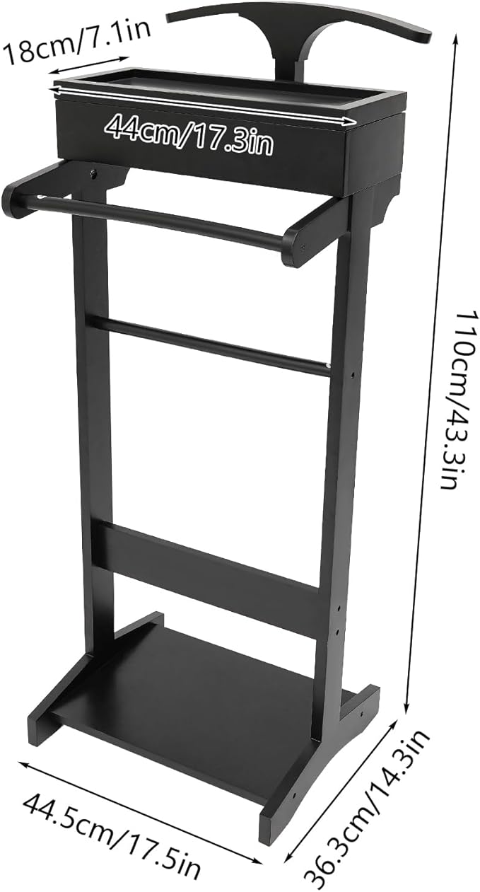 Valet Stand for Men and Women, Wood Suit Rack, Freestanding Coat Stand, Valet Stand Clothing Rack Organizer, Contour Hanger, Trouser Bar, Tie & Belt Hooks for Entryway, Bedroom, Office (Black)