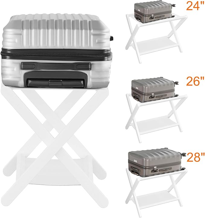 Heybly Luggage Rack, Folding Suitcase Stand with Storage Shelf, Heavy-Duty Luggage Holder for Guest Room Bedroom Hotel, Holds up to 165 lb, White, HLR010W1