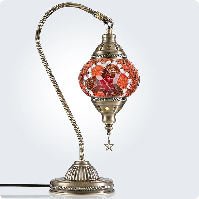 Yarra-Decor Turkish Moroccan Lamp with Bronze Base 3-Way Color Changing Handmade Swan Neck Tiffany Mosaic Glass Bedside Lamps for Bedroom (LED Bulb Included) (Red2)