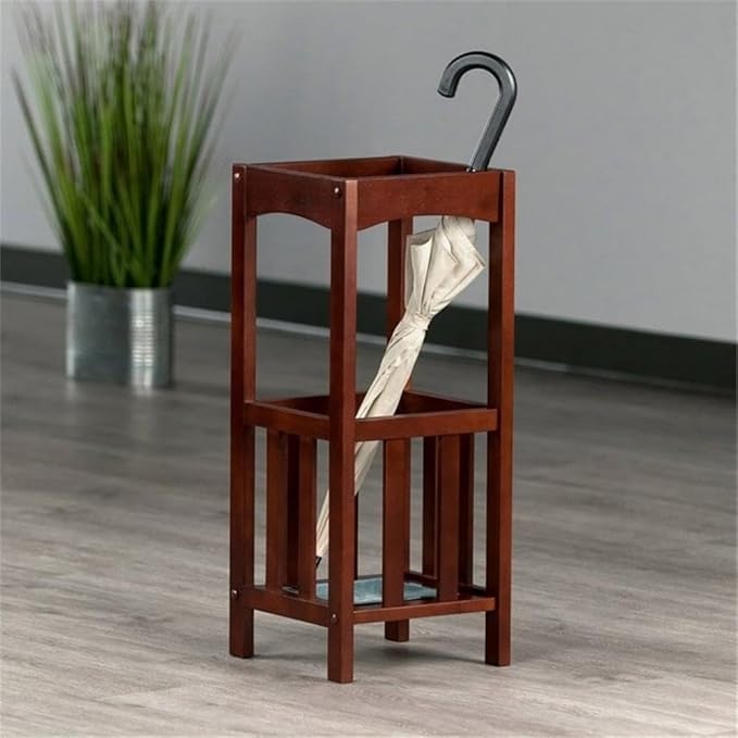 Pemberly Row Transitional Solid Wood Umbrella Stand with Tray, Walnut Finish, 26.77 in Height, Single Shelf Storage, Compact Entryway Organization Piece for Hallway or Foyer
