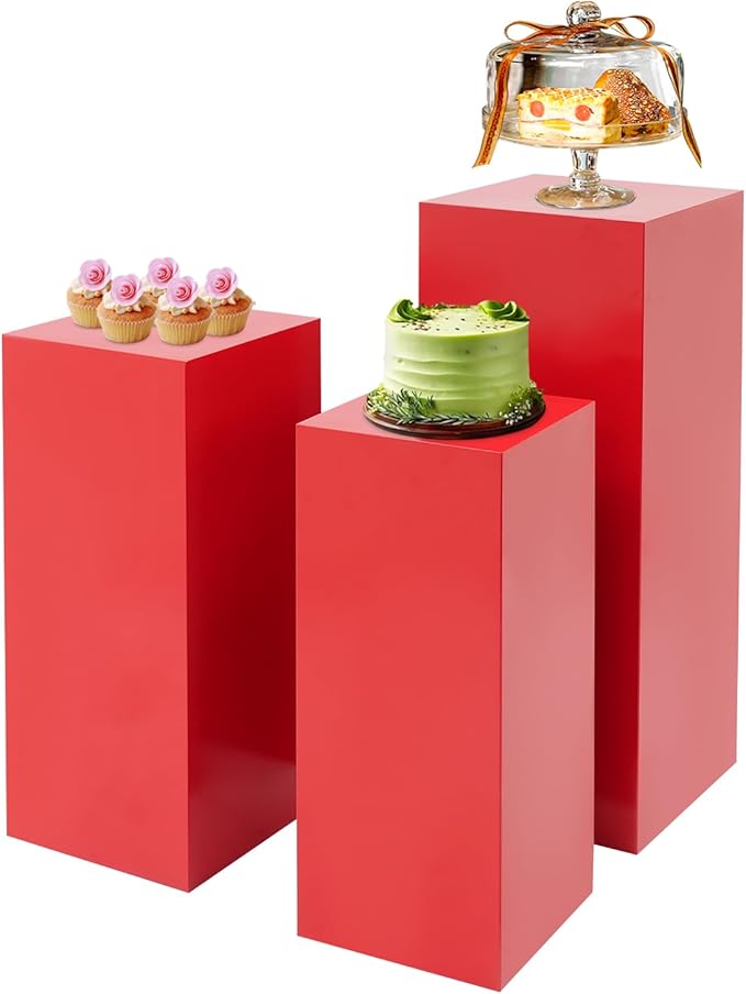 3Pcs Square Display Pedestal Stands Set for Party, Metal Display Stand Plinth Pillars, Cake Stands Pillars for Wedding Birthday Art Decor Risers, 11.8*31.5" (L), 11.02*25.6" (M), 10.24*23.6" (S)