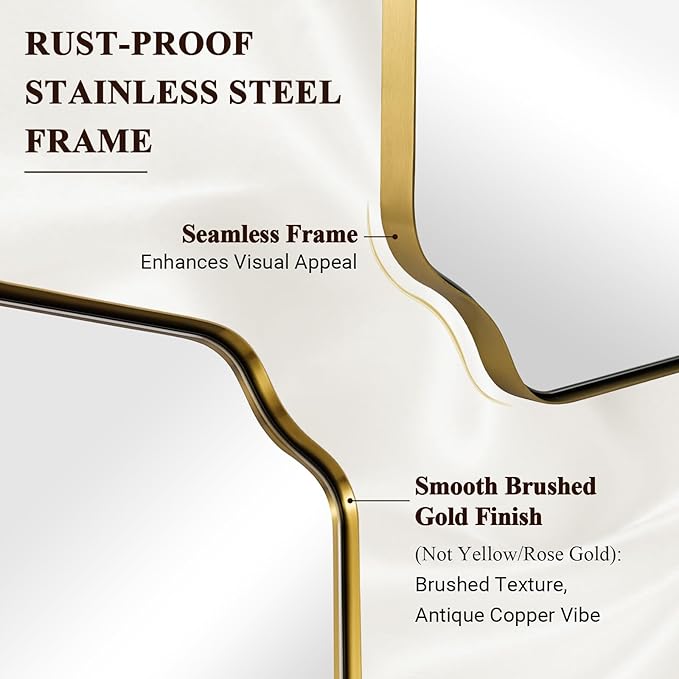 ANDY STAR 24"x40" Gold Mirror, Brushed Brass Scalloped Wall Mirror, Unique Rectangle Mirror, Bathroom Vanity Mirror in Anti-Rust Stainless Steel Metal Frame 1’’ Deep, Hangs Vertically/Horizontally