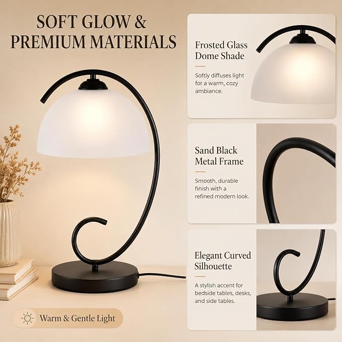 Modern Bedside Table Lamp with Frosted Glass Dome Shade, Sand Black Metal Base, E26 Socket, Plug-in with On/Off Switch for Bedroom, Living Room – No Bulb Included