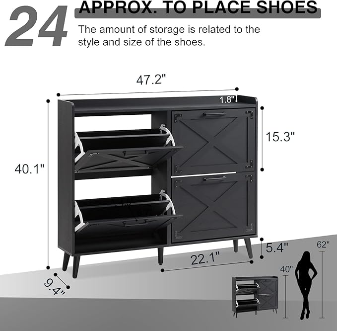Shoe Storage Cabinet,Farmhouse Shoe Organizer with 4 Flip Drawers & Barn Door Design,Freestanding Hidden Slim Narrow Shoe Rack Cabinet for Entryway,Foyer,Hallway,Black