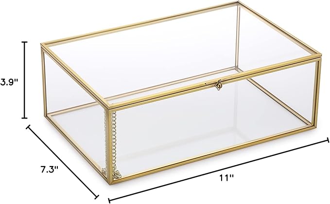 Hipiwe Vintage Glass Keepsake Box - Rectangle Jewelry Display Organizer, Vanity Lidded Home Decor Accent for Storage Trinket Rings Bracelet Rock - X-Large