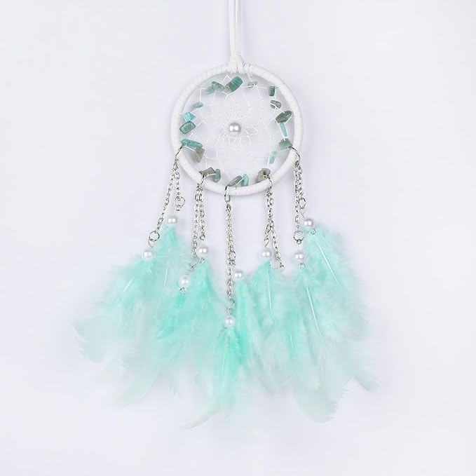 Pretty Jolly Crystal Stone Small Dream Catchers Mint Green Feathers Mini Dreamcatchers with Beads for Cars Rear View Mirror Hanging Decoration Good Luck Travel Charm Bedroom Ornaments for Women Girls