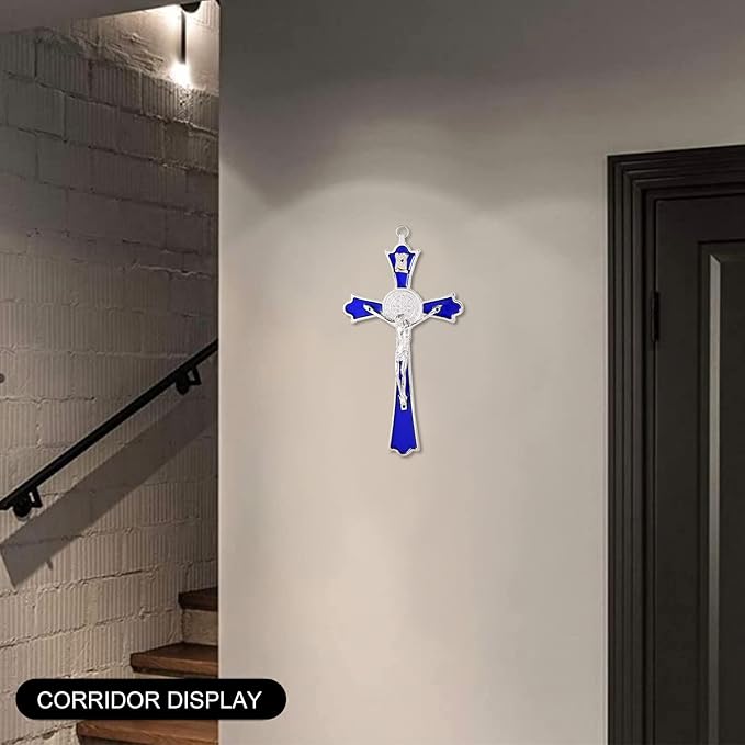 VINETEN Blue Enamel Crucifix Wall Cross -Saint Benedict Metal Wall Art-Cross Give Blessing and The Spiritual Sacred -Crucifix Gift for Grandma, boys Baptism Gift