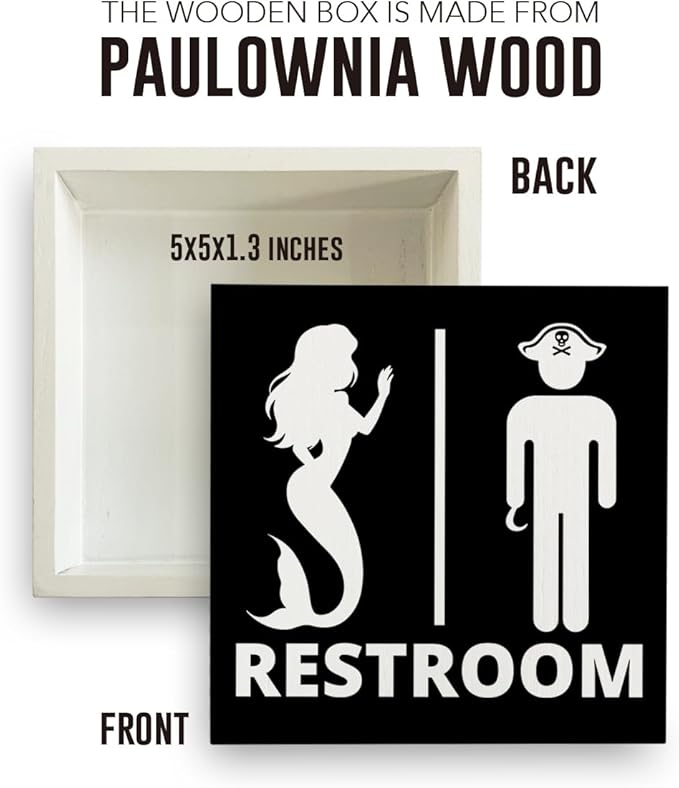 Nautical Bathroom Decor Pirate Mermaid Bathroom Decor Restroom Sign Summer Decorations Wooden Box Sign for Home Office Farmhouse Table Shelf